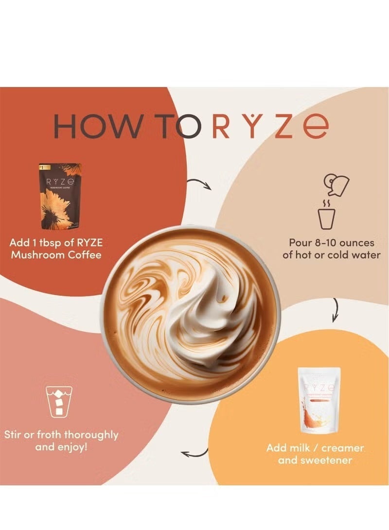 Ryze Organic Mushroom Coffee Instant Powder with 6 Adaptogenic Mushrooms (Lion's Mane, Turkey Tail, Shiitake, Reishi, Chaga, Cordyceps) & MCT Oil for Energy Boost, Mental Focus, Digestion & Immunity Support – 180g, Vegan, Gluten-Free, Non-GMO - Image 4